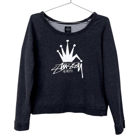 Stussy Tops - VTG Y2K Stussy Boat Neck Crown Logo Graphic Sweatshirt Gray Small Streetwear
